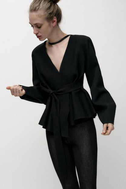 BELTED BLAZER WITH SHOULDER PADS