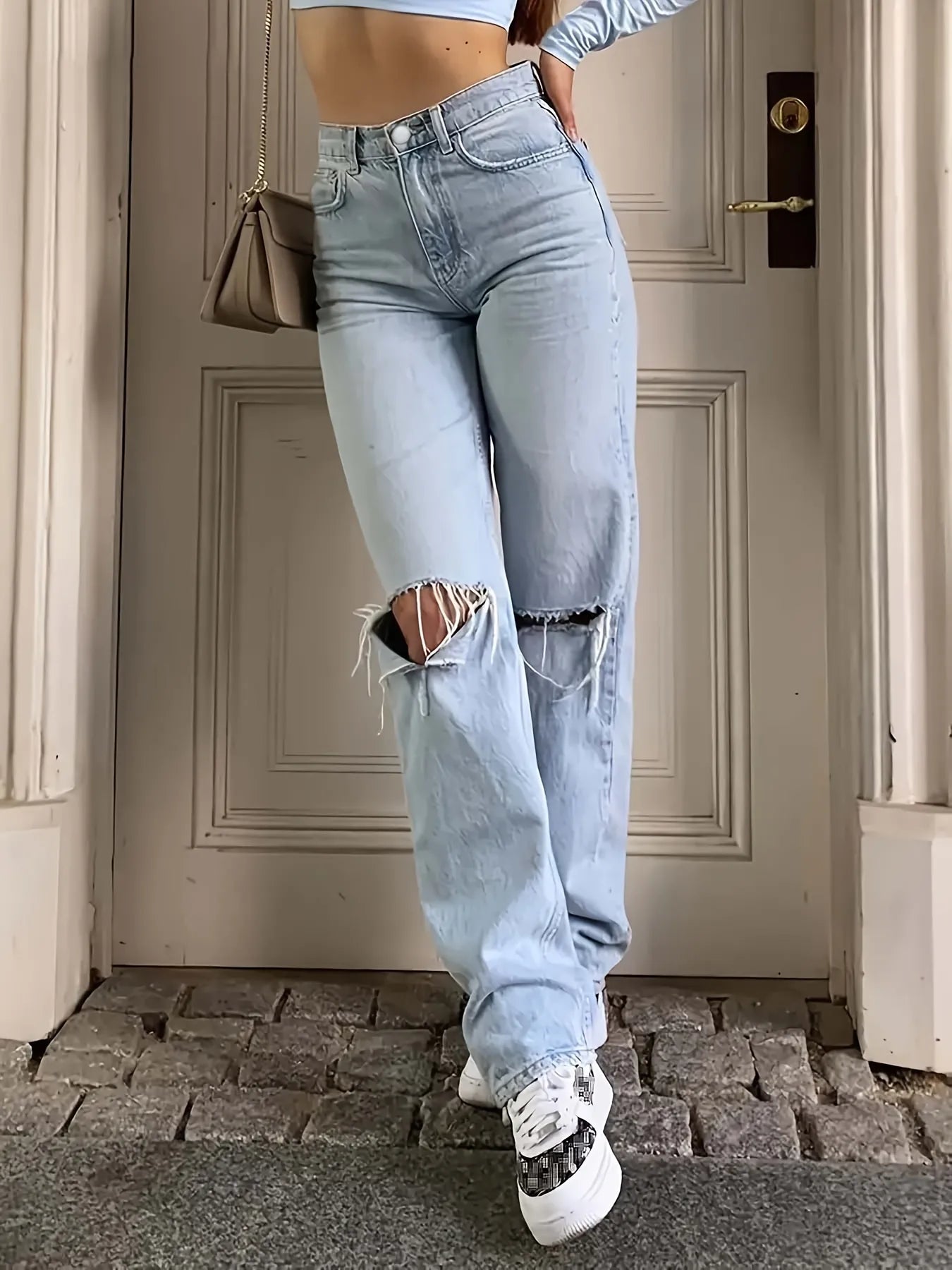Ripped Straight Jeans Loose Fit 